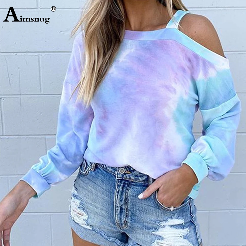 

Aimsnug 2020 Fashion Sweatshirts Women Causal Tie-dye Printed Basic Sweatshirt One Shoulder Hooded Tops Sudadera Mujer Pullover