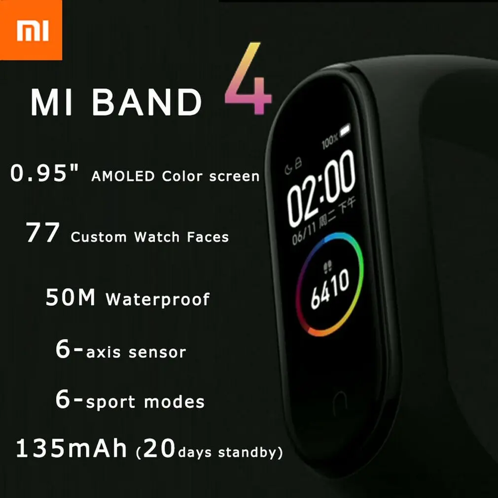 Xiaomi mi-браслет 4 с цветным смарт-экраном, браслет с сердечным ритмом, фитнес, 135 мА/ч, Bluetooth, 5,0, 50 м, для плавания, mi ng, водонепроницаемый, версия CN