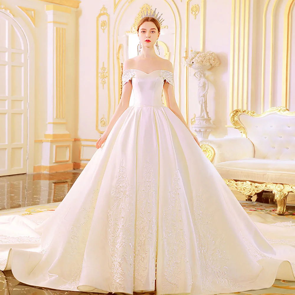 Лучшее французское сатиновое свадебное платье Vestido De Casamento, вырез лодочкой, короткий рукав, шнуровка, жемчуг, Аппликации, а-силуэт, свадебные платья