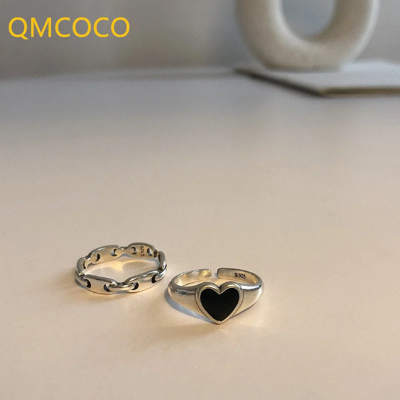 Korean Fashion Silver Color Rings Women Couples Vintage Handmade Black LOVE Heart-Shape Birthday Party Jewelry Gift silver ring silver rings