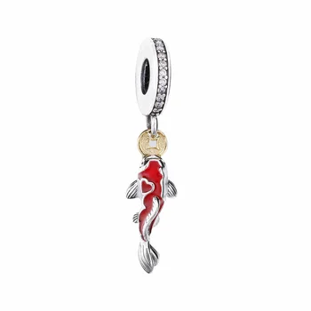 

New Authentic 925 Sterling Silver Red Enamel Lucky Fish Dangle Charms Fit Pan Bracelet For Women DIY Jewelry Pendant Beads