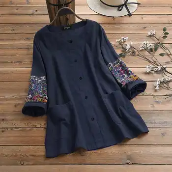 

2020 Vintage Plus Size Women's Blouses Casual Cotton Ethnic Print Patchwork Shirts Tops Buttons Down Tunic Femme Shirts Blusa 7