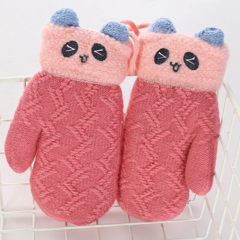 YOOAP 1Pair New Kids Winter Gloves Cartoon Bear Lovely Knit Wool Mittens Children Hanging Neck Gloves warm gloves with fleece