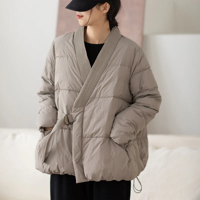 90 White Duck Down Jacket Super Soft V-neck Tie Design Slanted Buckle Jacket