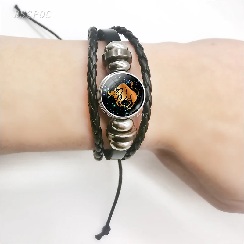 12 Zodiac Signs Leather Bracelet for Men Women Virgo Libra Scorpio Aries Taurus Braided Rope Bracelets Birthday Gift Wholesale