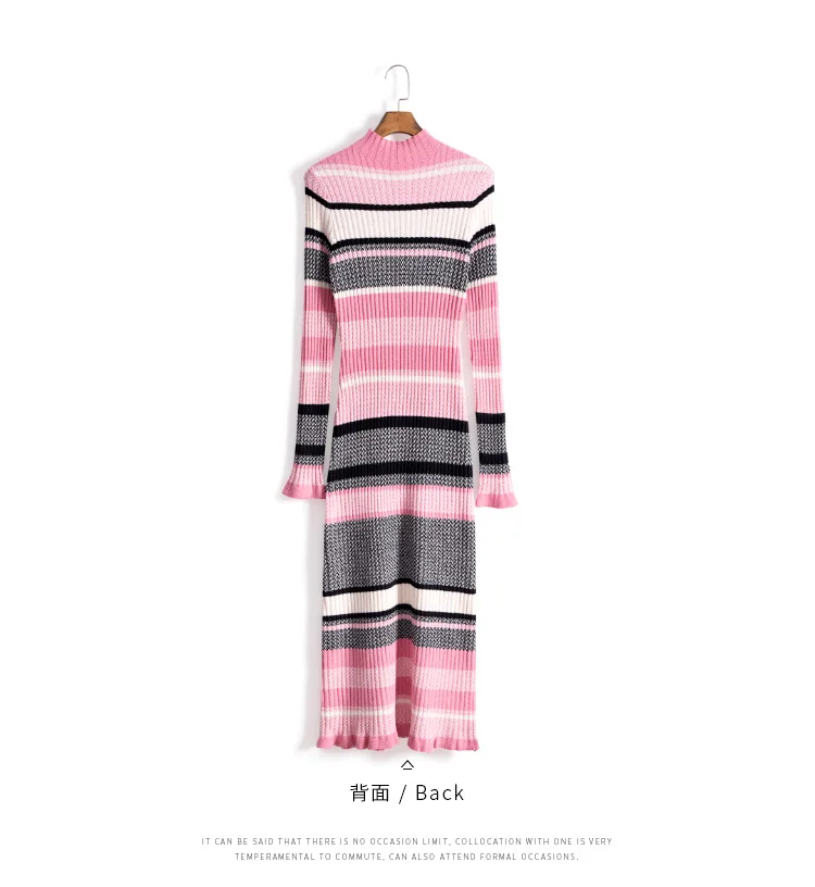 Womens autumn winter wool knit sweater dress turtleneck long sleeve striped sheath pencil sexy dresses pink