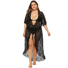 Платье большого размера, сексуальный кружевной прозрачный кардиган, на шнуровке, с коротким рукавом, с воланами, ассиметричное, с глубоким v-образным вырезом, платье A6155