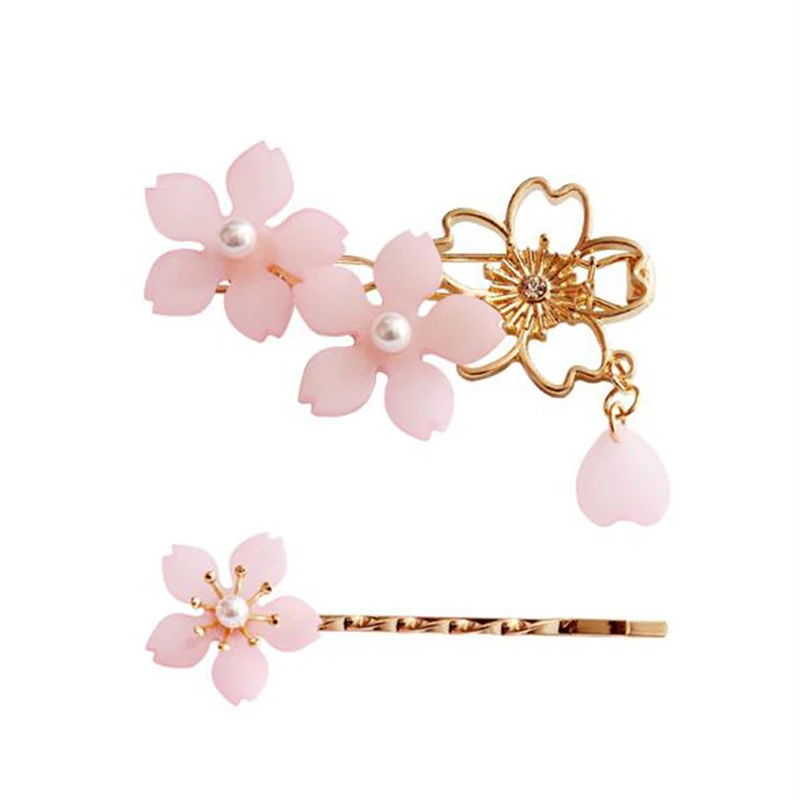 

Women Sweet Design Sakura Hair Pins Jewelry 2019 Fashion Beautiful Girl's Pink Cherry Blossom Hair Clips Women Accessories
