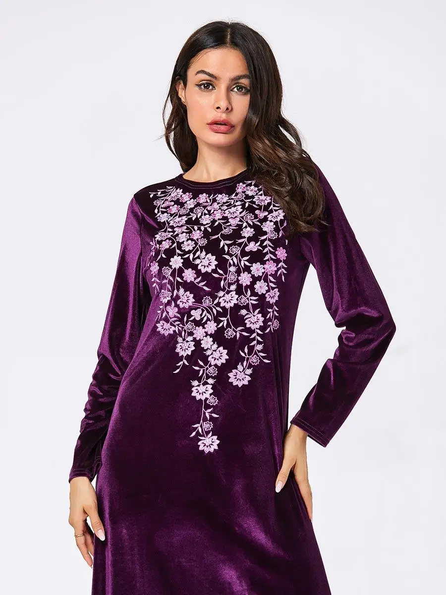 Мусульманское женское бархатное платье с длинными рукавами abaya Дубай вышивка