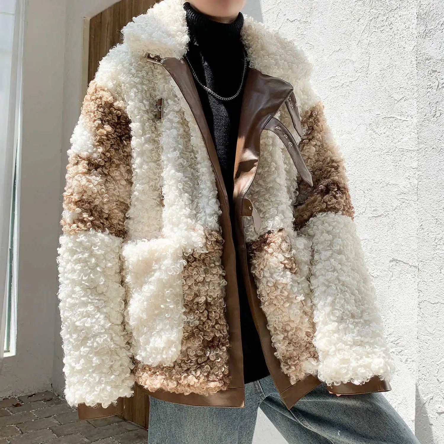 

Lamb Hair Circle Popular Overcoat Short Loose Windbreaker Fur Coat Men's Punk Parka Jackets Homme Leather Warm