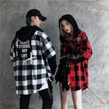 Осенняя мужская и женская Свободная Повседневная рубашка в клетку с капюшоном и длинным рукавом, кардиган, Мужская Уличная одежда в стиле хип-хоп, пальто для пар, рубашки