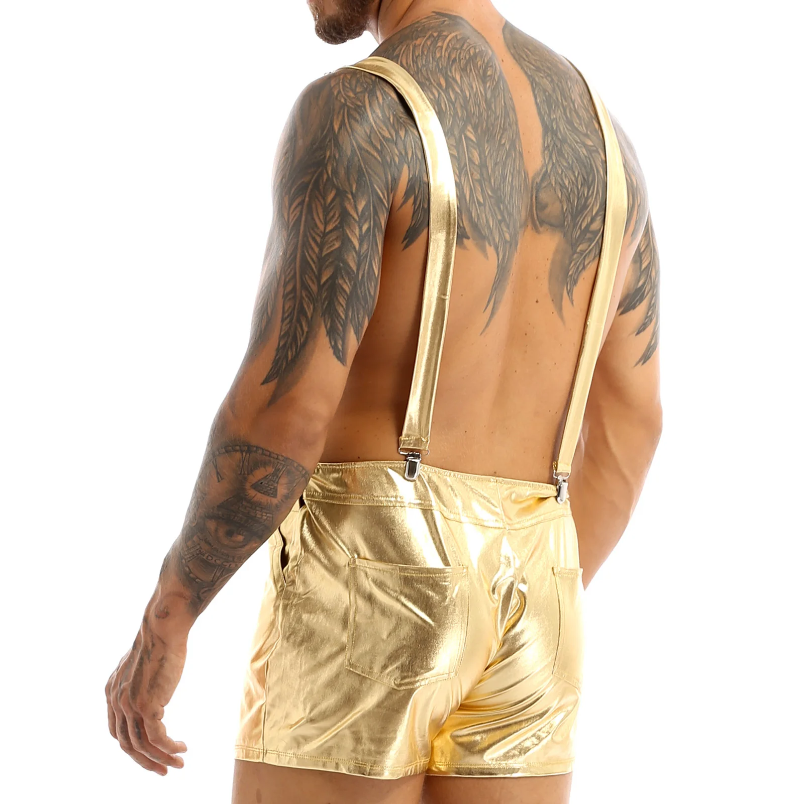 Mens Shiny Metallic Bib Overall Suspender Shorts Jazz Hip Hop Leotard Dance Costumes Shoulder Straps Jumpsuit Suspender Romper 5