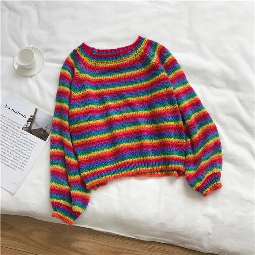 

New Autumn Kawaii Jumper Rainbow Sweaters Female Retro Striped Loose O Neck Knitted Pullover Harajuku Women Sweater Tops