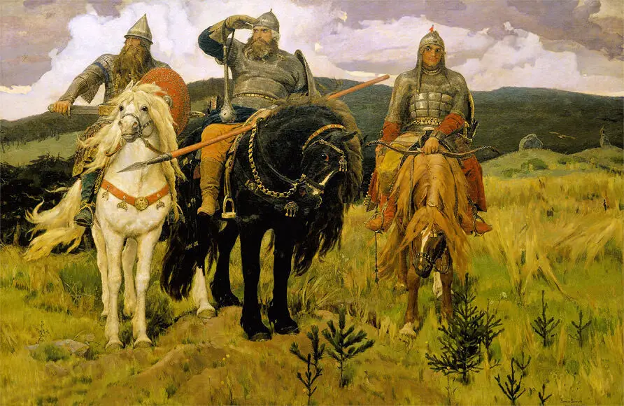 

Viktor Vasnetsov - Three Heroes Bogatyri horsemen in landscape Art Print Poster oil paintings canvas For Home Decor Wall Art