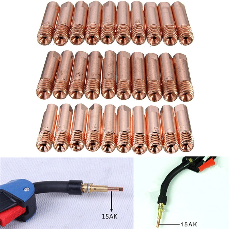 10 шт. MB-15AK M6* 25 мм типа для сварки MIG/MAG сварочный фонарь Контактный наконечник газовой форсунке, 0,8/1,0/1,2 мм сварка металлическим электродом в инертном газе аксессуары фонарь Контактный наконечник