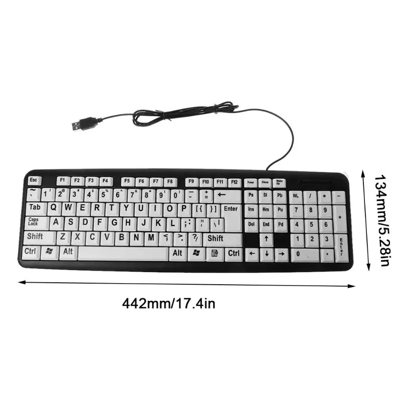 USB Проводная компьютерная игровая клавиатура, высокая контрастность, большой принт, белые клавиши, черная буква для пожилых людей, пожилых мужчин, E65A