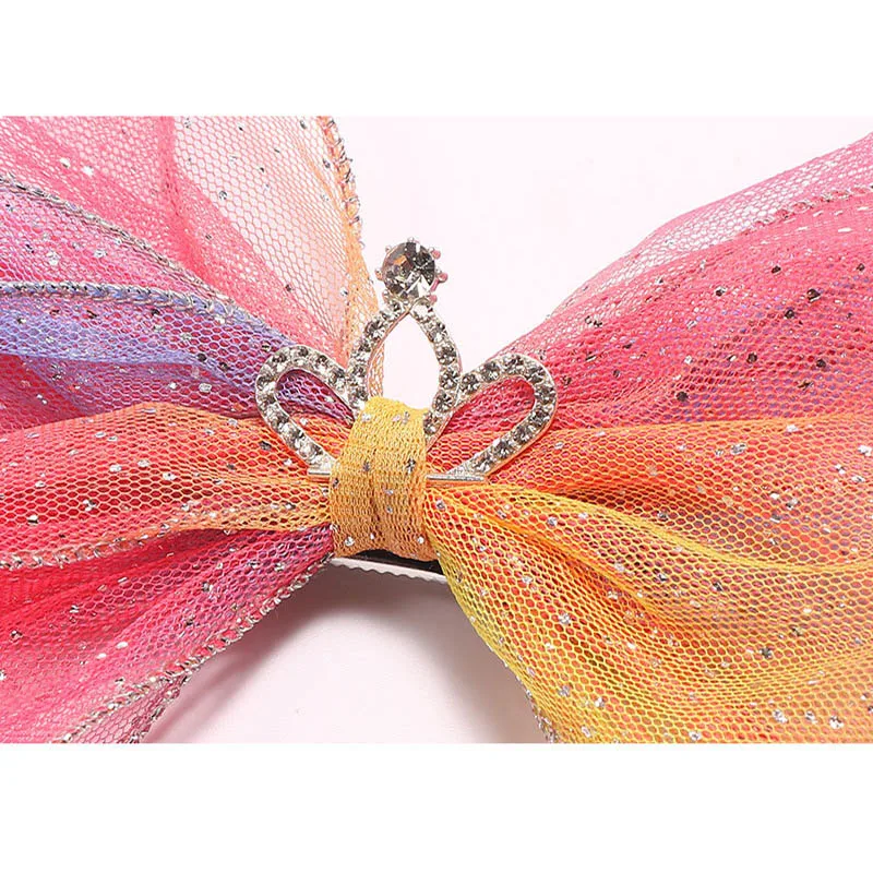 20 pcs/lot, 13.5 cm Rainbow bow hair band New children's hair accessories mesh sequined crown hairpins
