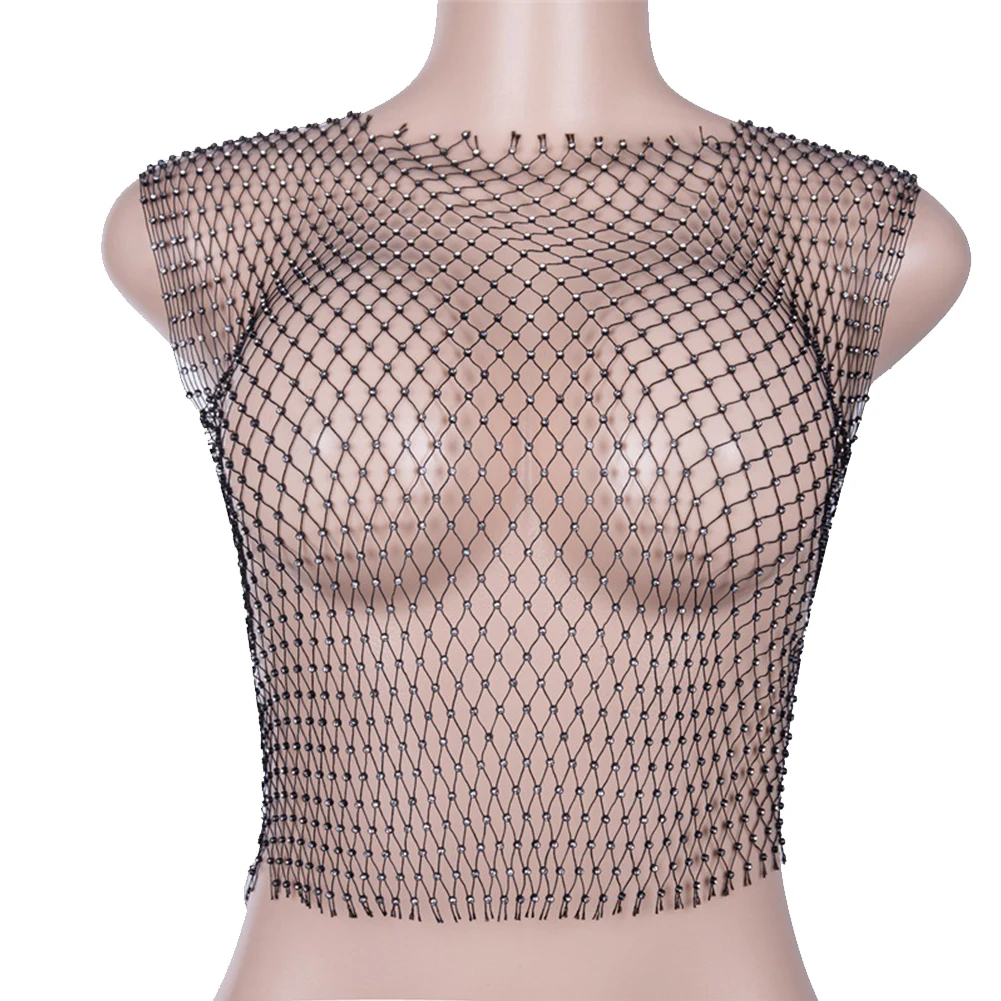 See Through Attractive Lightweight Vest Sleeveless Club Women Crop Top Fashion Sexy Party Mesh Round Neck Summer Rhinestone
