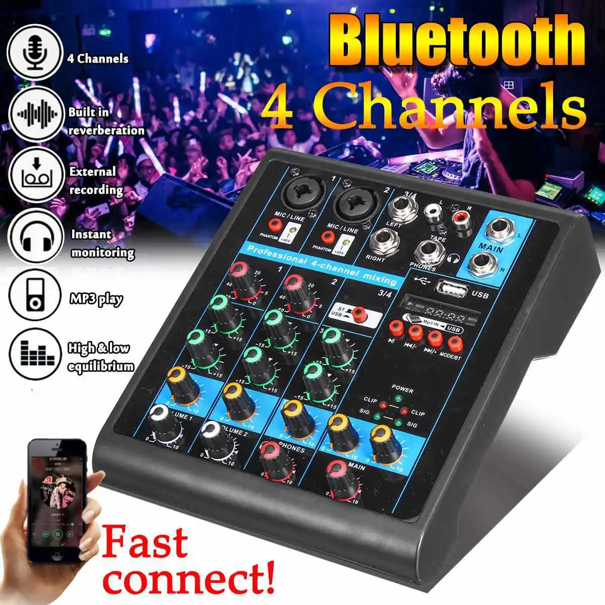 

Professional Audio Mixer 4 Channels Sound Mixing Console for Home Karaoke KTV with USB Sound Card Sound Effects