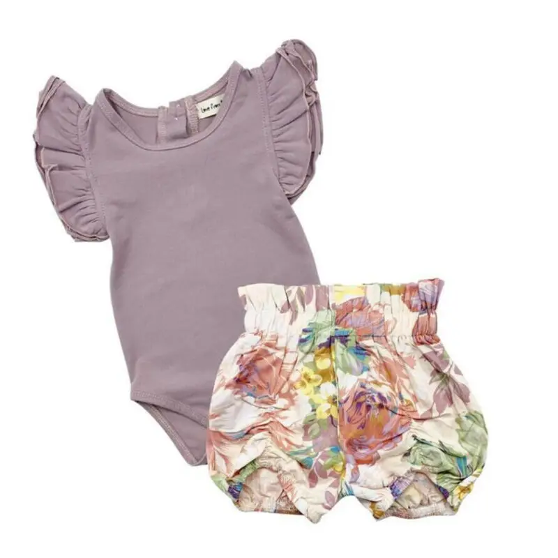 

AA 2020 Infant Baby Girls Clothing Floral Clothes Ruffle Romper Tops Short Pants Summer Two Piece Outfit