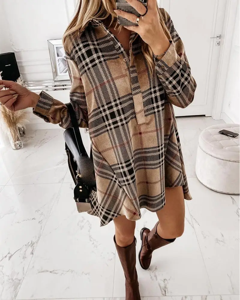 Elegant Turn-down Collar Button Shirt Dress Women 2021 Spring Plaid Print Irregular Party Dress Autumn Long Sleeve Mini Dresses