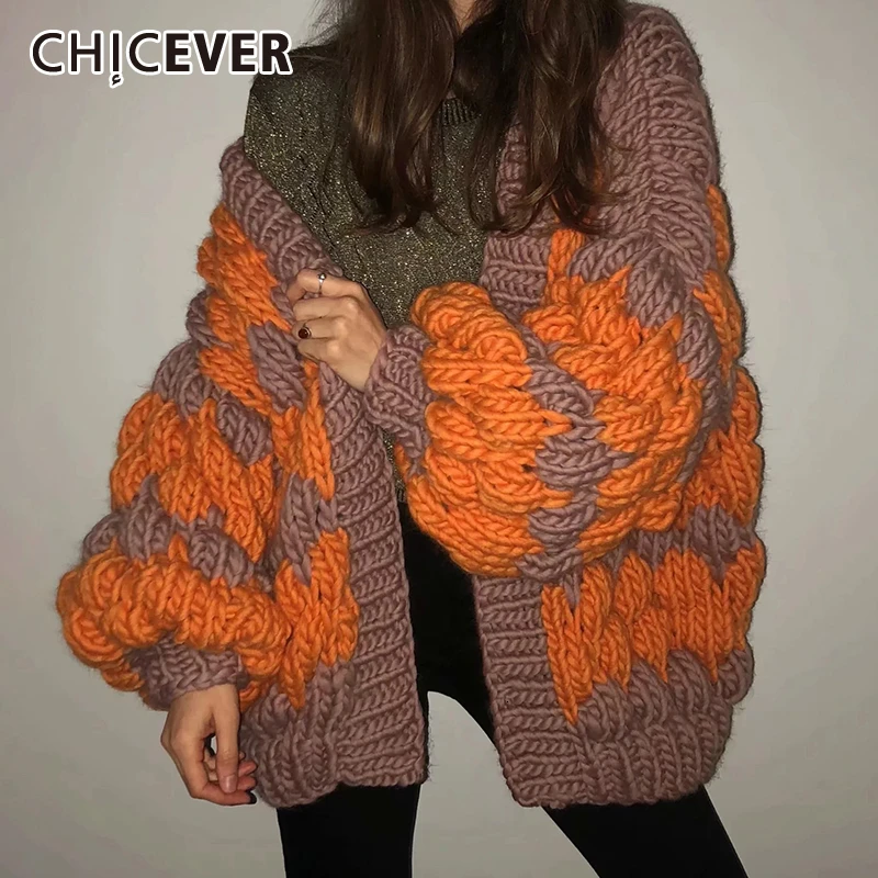 

CHICEVER Hit Color Sweater For Women V Neck Lantern Long Sleeve Oversize Cardigans Female Autumn Winter Fashion New 2020 Clothes