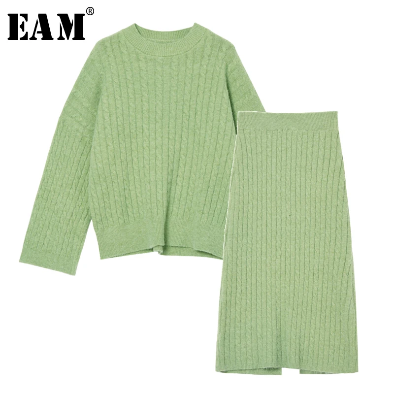 

[EAM] Knitting Half-body Skirt Two Pieces Suit New Round Neck Long Sleeve Yellow Loose Women Fashion Spring Autumn 2019 1B768