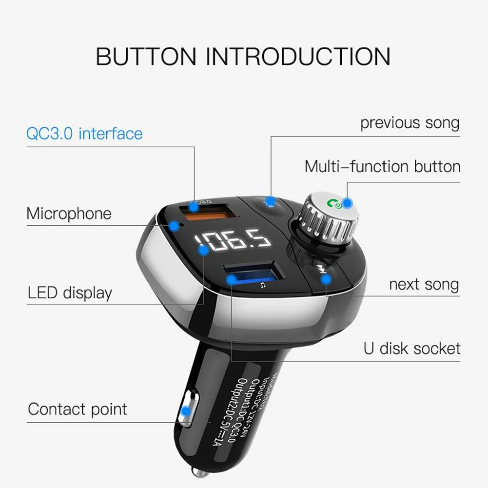 Fm-передатчик беспроводной Bluetooth стильный быстрый заряд светодиодный с подсветкой Универсальный многофункциональный MP3-плеер двойной USB автомобильный радиоадаптер