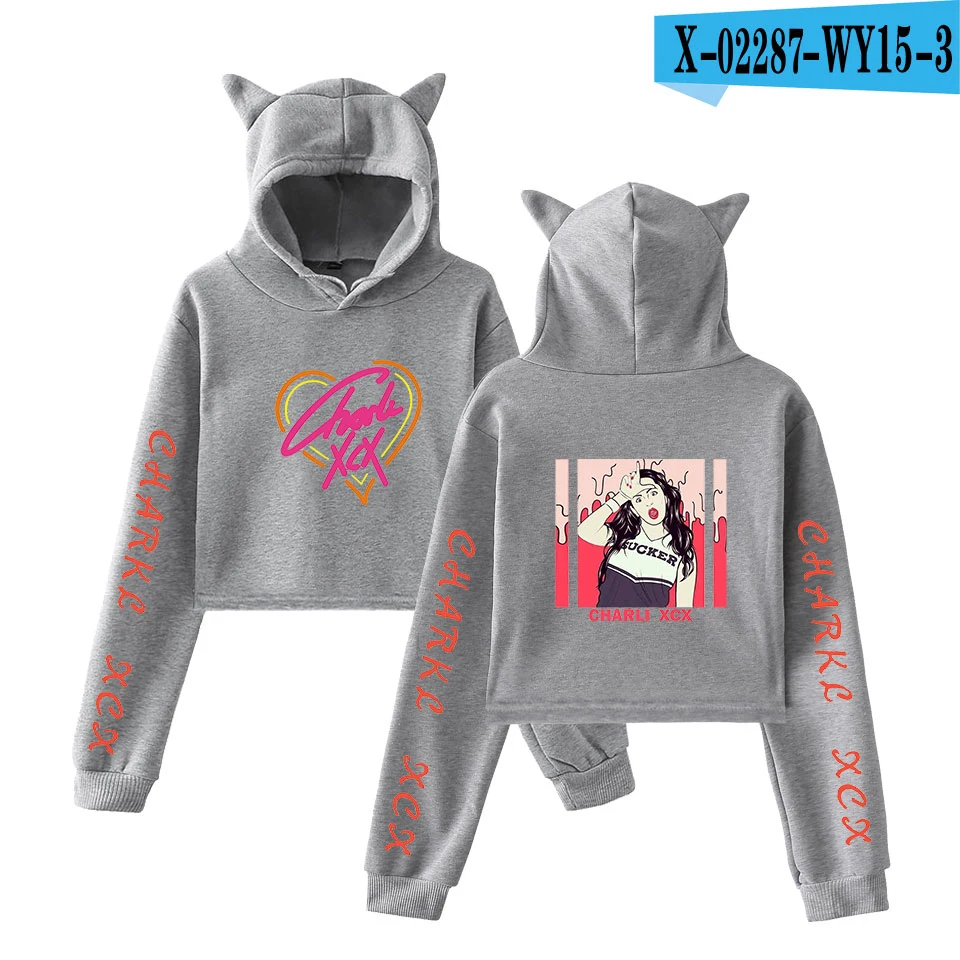 As picture Популярные Charli XCX кошачьи уши удобные толстовки с капюшоном для женщин поп укороченный топ толстовки худи для женщин девочек повседневные Черные Пуловеры Толстовка - Цвет: As picture