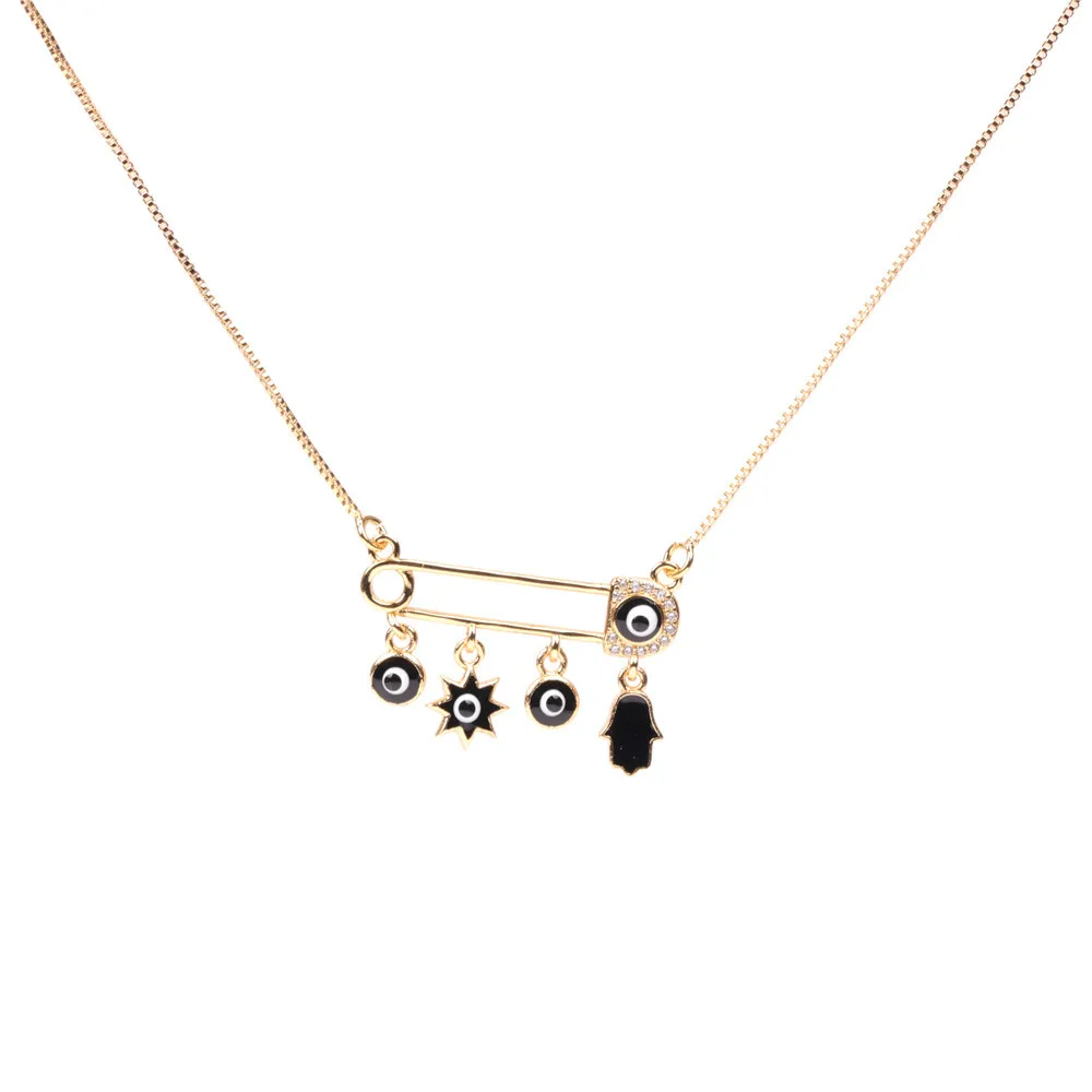 

AAA Zircon Fatima Hand Evil Eye Pin Charm Enamel Necklace For Women Copper Gold-Plated Chain Star And Round Pendant Jewelry Gift
