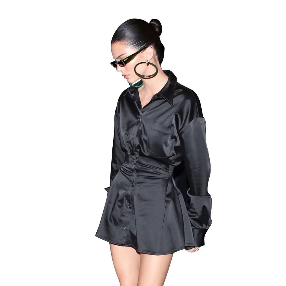 

Autumn Arrival Woman Black Mini Dress Turn-Down Collar Long Sleeve Pocket Pleated Slim Dress Party Night Clothes