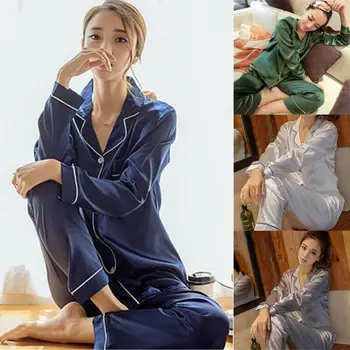 

Spring Women's Satin Silk Sleep Set 2pcs Long Sleeve Tops+ Long Pants Sleepwear Sets Nightwear