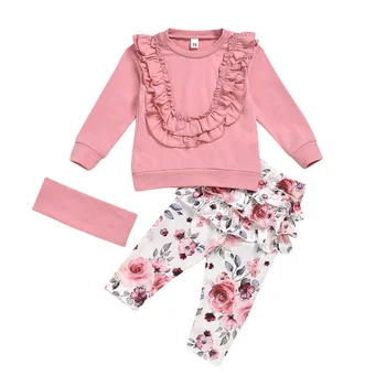 

Baby Outfit Sets For Girls Autumn Baby Girl Long Sleeve Blouse T-shirt Tops+Flower Print Pants+Headband Casual Costume Set