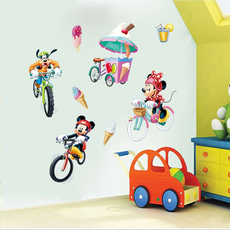 

Cartoon Disney Mickey Minnie Goofy Ride Bicycle Wall Stickers For Kids Rooms Home Decor Wall Decals PVC Mural Art Diy Decoration