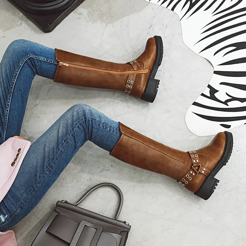 New knee high boots woman thick med heels boots warm autumn winter bootie dress party western shoes size 34-43
