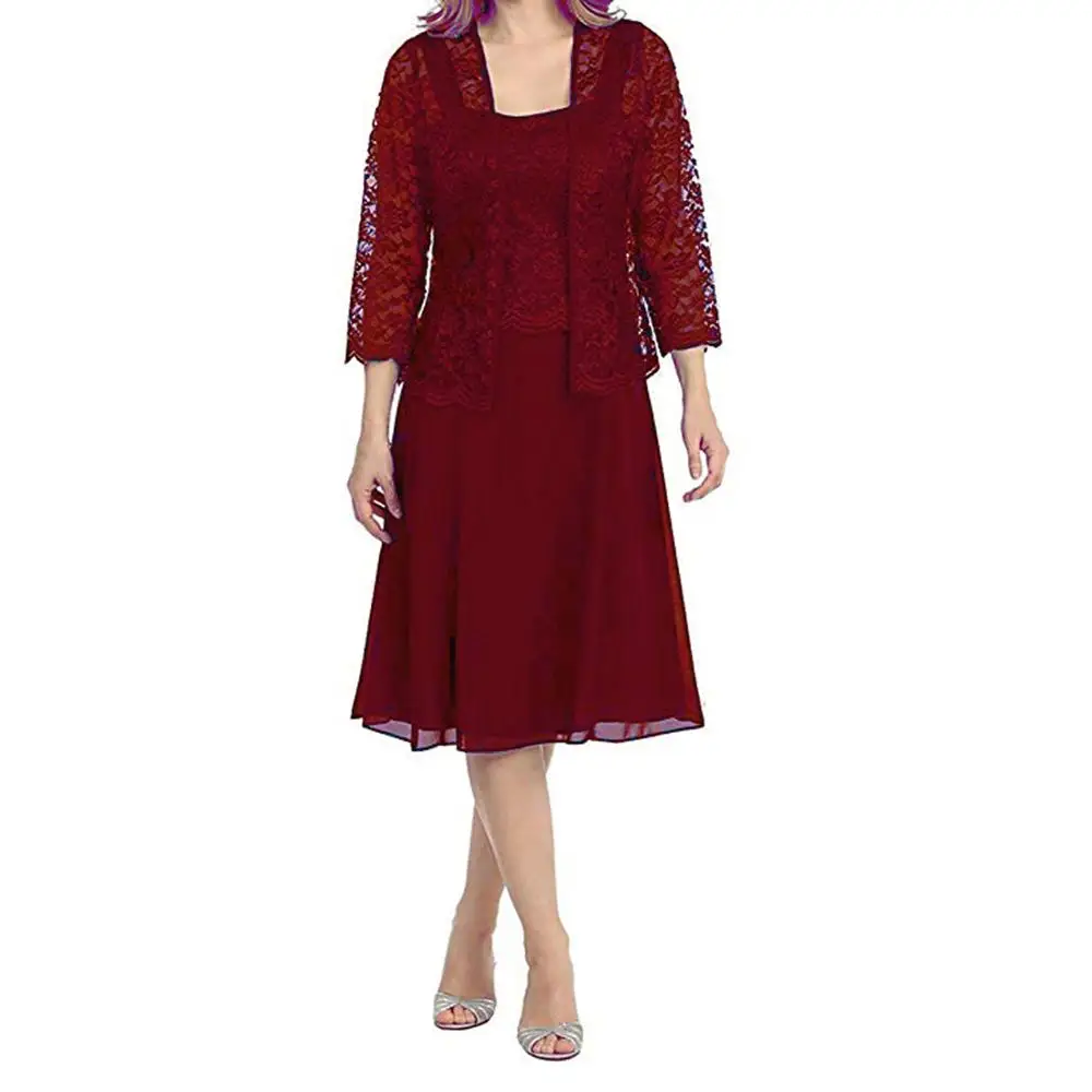 Wine red Новинка, платья для матери невесты, комплект из двух предметов, кружевной наряд с глубоким декольте, длина до колена, вечерние платья, элегантное платье для мамы - Цвет: Wine red