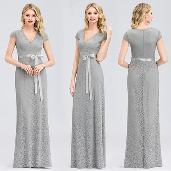 

Elegant Evening Dress Gray Pattern Women Party Gowns R145 Deep V-Neck Formal Banquet Long Dresses Short Sleeve Robe De Soiree