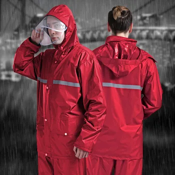 

Men Raincoat Polyester Pongee Matrial Waterproof Raincoat Set Detachable Double Hat Reflective Strip Design Motorcycle Rainwear