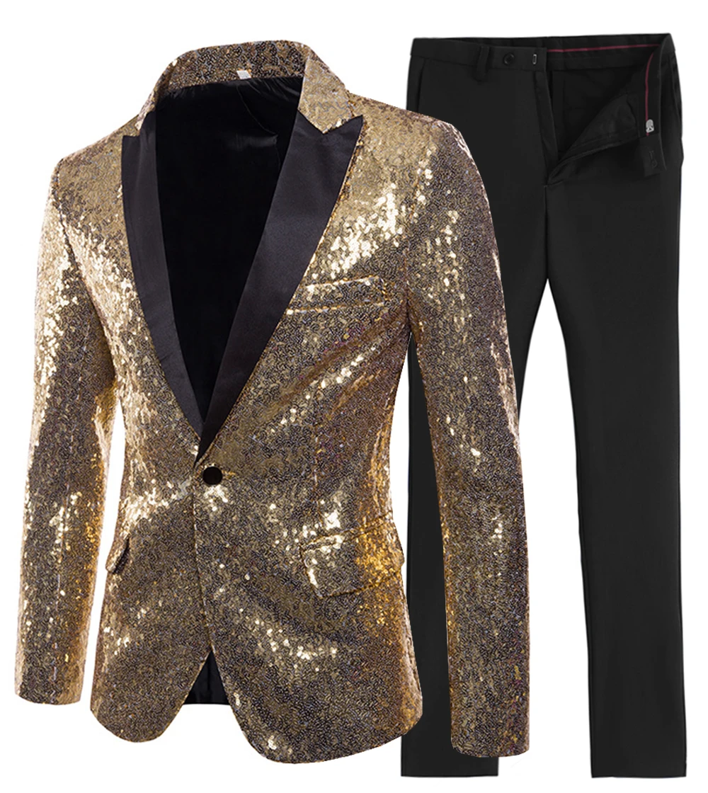 

Mens suit 2 Pieces Shiny Sequin Mens Suit Slim Fit One Button Peak Notch Lapel Tuxedo for Wedding Party (Blazer+Pants)