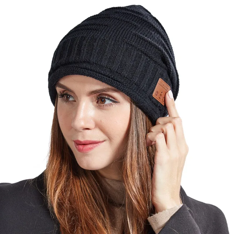 Ветрозащитная теплая шапочка головной убор для Bluetooth V5.0 стерео Музыка беспроводные наушники бини с наушниками колпачок черный