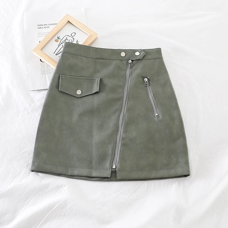 Billig Neue Herbst Frauen Mode Weichen PU Leder Über Hüfte Zipper Tasche Minirock Damen Sexy Hohe Taille Über Knie A linie Kurze rock