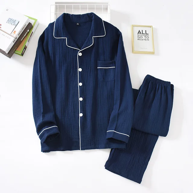 New spring and autumn pure cotton crepe cloth couple soft and breathable men long-sleeve simple home service women two piece set Male cyan