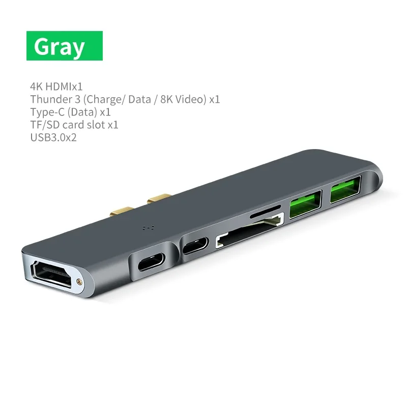 7 в 1 многопортовый USB C концентратор, адаптер type C с HDMI USB C Thunderbolt3 USB3.0 PD SD TF для Macbook, больше устройств с портом type C - Цвет: 7 in 1 Gray