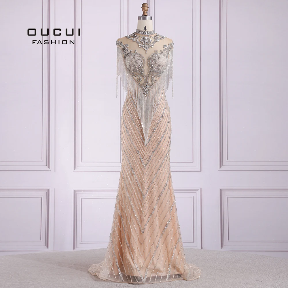 Дубай, сексуальное длинное вечернее платье с кисточками без рукавов со шлейфом с бисером, с высоким вырезом, потрясающее, с открытой спиной, официальное платье платья вечерние OL103653