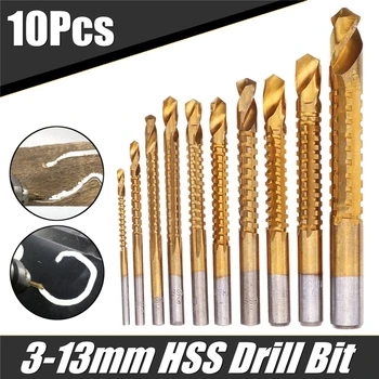 

10Pcs/Set 3-13mm 63HRC Hardness Titanium Coated HSS Twist Drill Bit Hole Saw Carpenter Drill Grooving Cutting Woodworking Tools