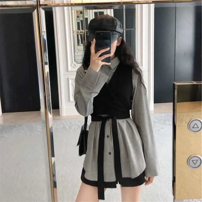 

2020 Fashion Two-Piece Suit All-match Long-Sleeve Blouse Lace-up Small Vest Slim Skirt Women
