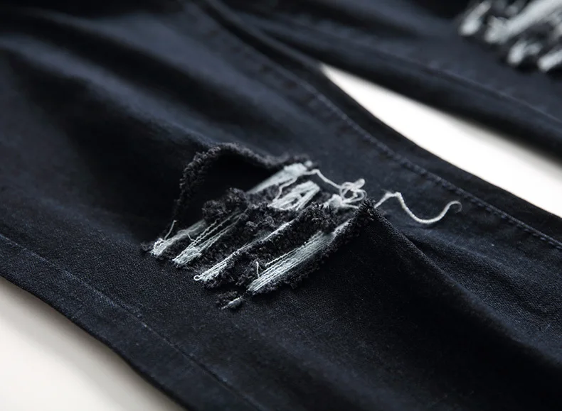 Мужские черные джинсы байкер мото джинсы Slim Fit прямые состаренные джинсы брюки рваные джинсы для мужчин обтягивающие мужские джинсы
