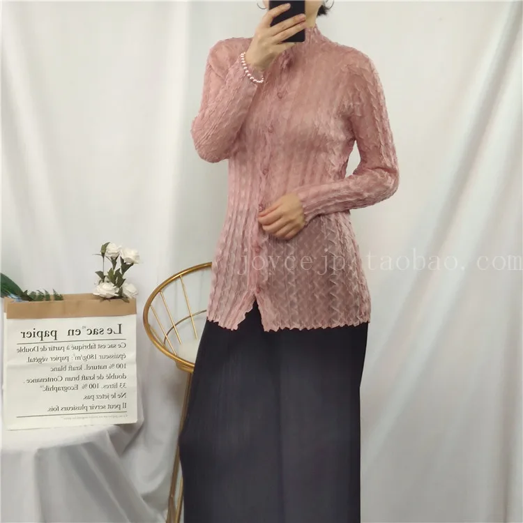 MIYAKE плиссированная тонкая женская рубашка Весна Новая мода один воротник до груди кардиган облегающая блузка с длинным рукавом