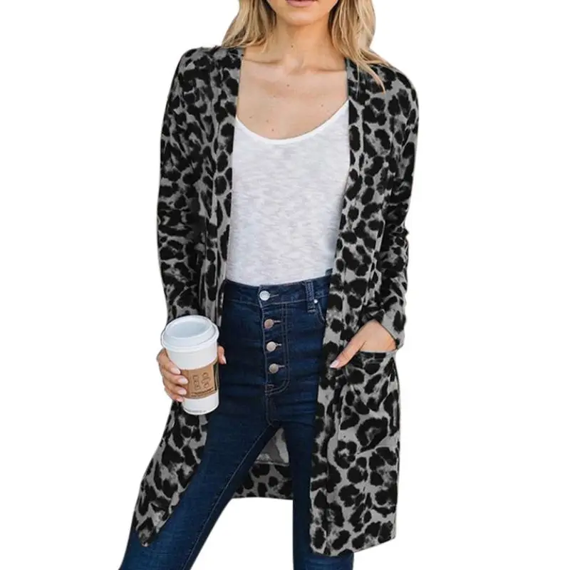 Зимний модный свитер с леопардовым принтом, женский свободный длинный кардиган с длинными рукавами