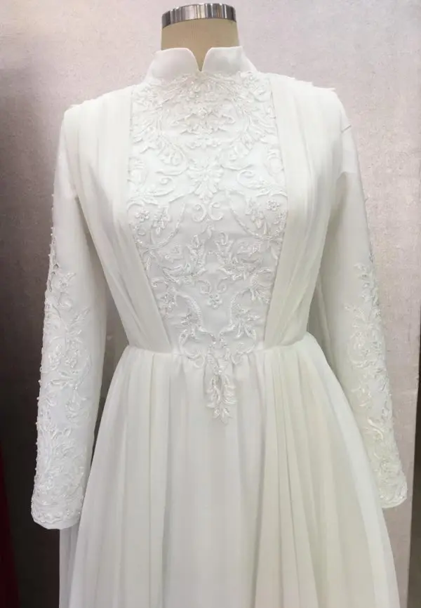 

Chiffon Appliques Muslim Long Sleeve Wedding Dress with Cape High Neckline Saudi Arabia Bridal Gowns Robe De Soirée De Mariage